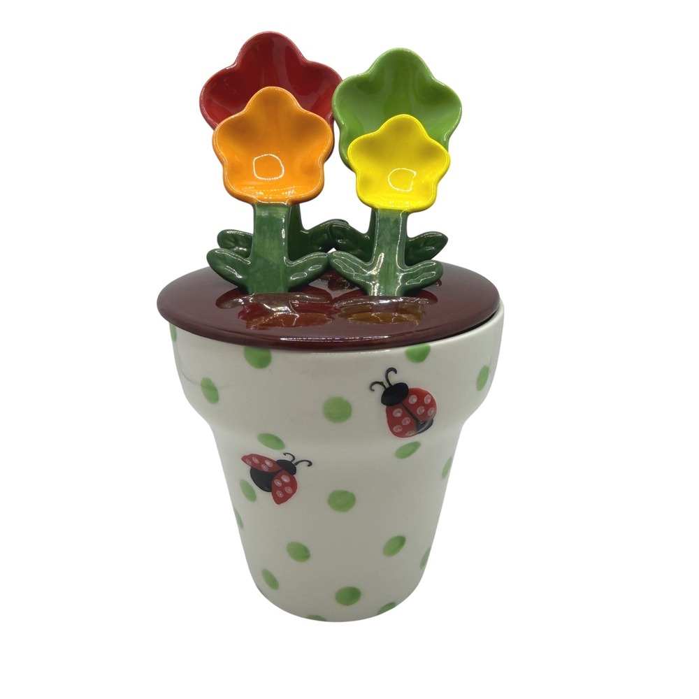 Pier 1 Imports Ladybug Measuring Spoon Set Flower Ceramic Measuring Cup Holder